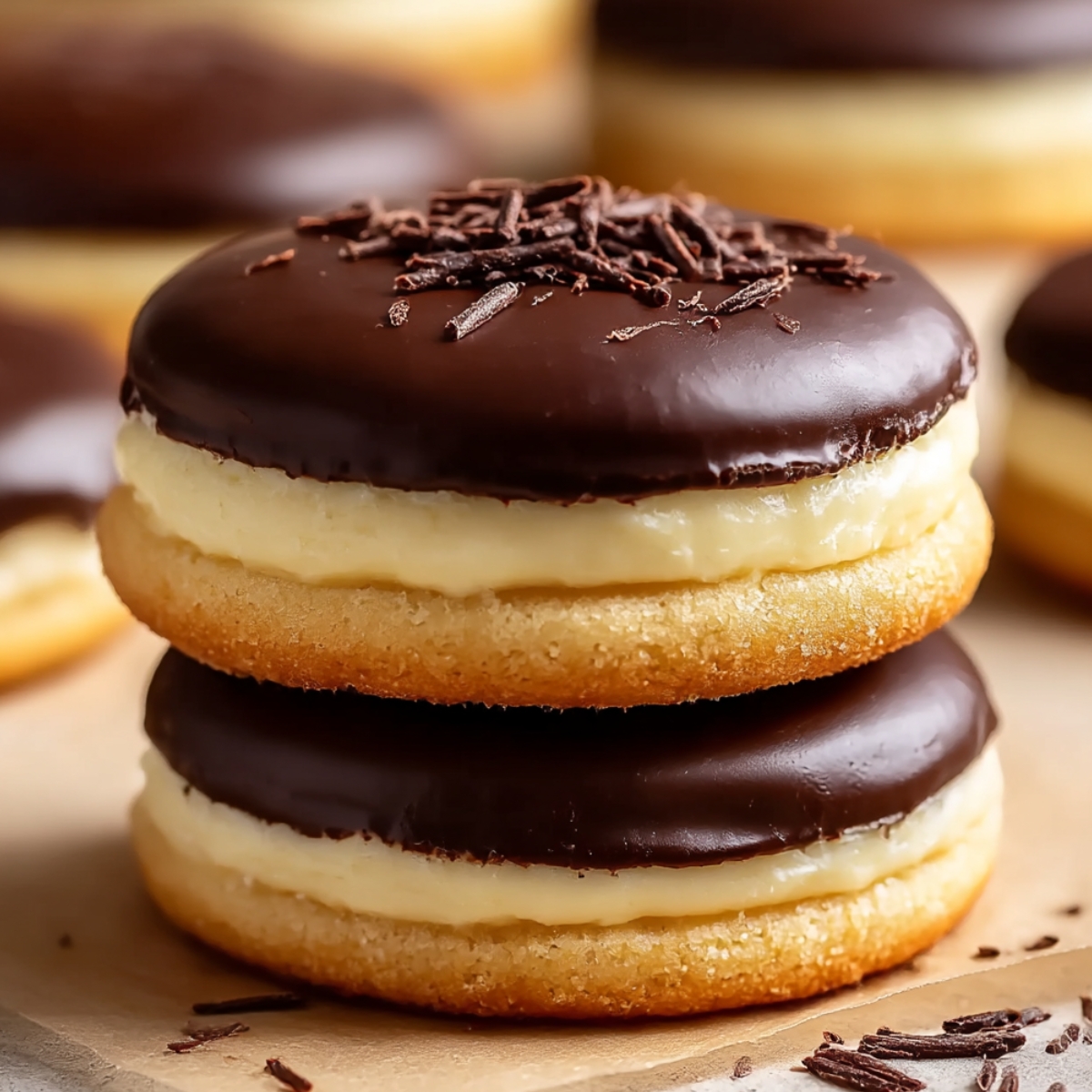 Two Boston cream pie cookies stacked on parchment paper with golden soft sugar cookie base, thick vanilla custard filling, smooth dark chocolate ganache top, and chocolate shavings garnish, warm bokeh background with additional cookies