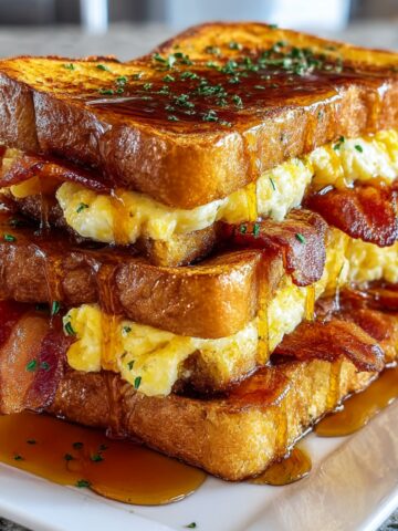 Triple-stacked bourbon maple bacon stuffed French toast on white plate with thick-cut golden-brown brioche bread, fluffy scrambled eggs, crispy bacon strips, bourbon maple syrup pooling on plate and dripping down sides, garnished with fresh chopped parsley, granite countertop background