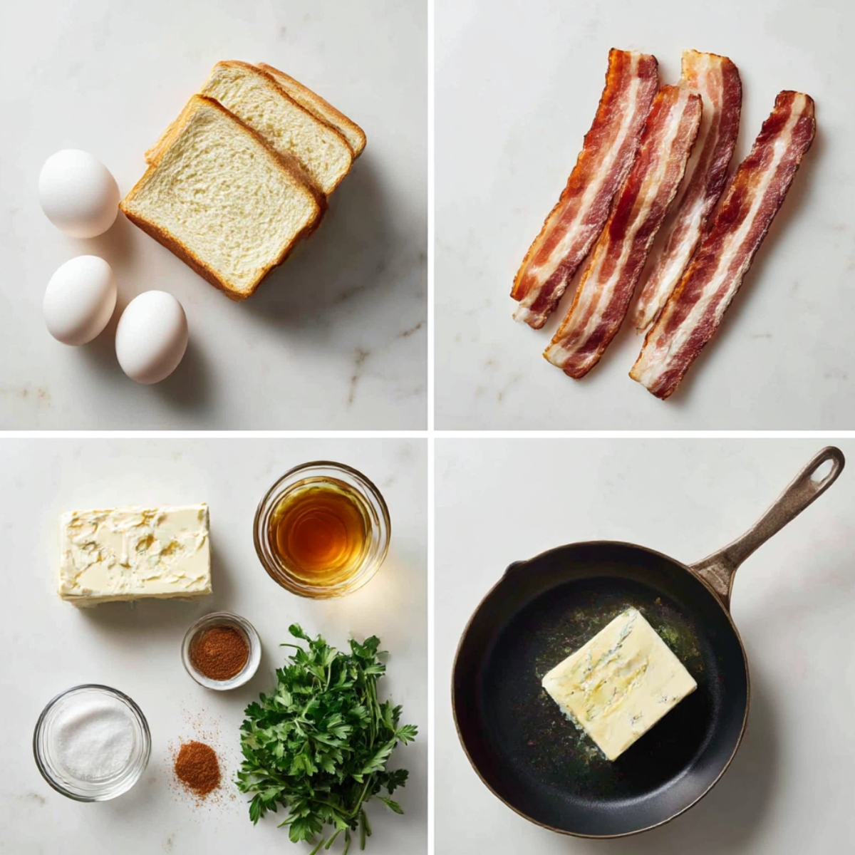 Ingredients for Bourbon Maple Bacon Stuffed Toast arranged in a 4-panel flat lay on a white marble kitchen counter.
