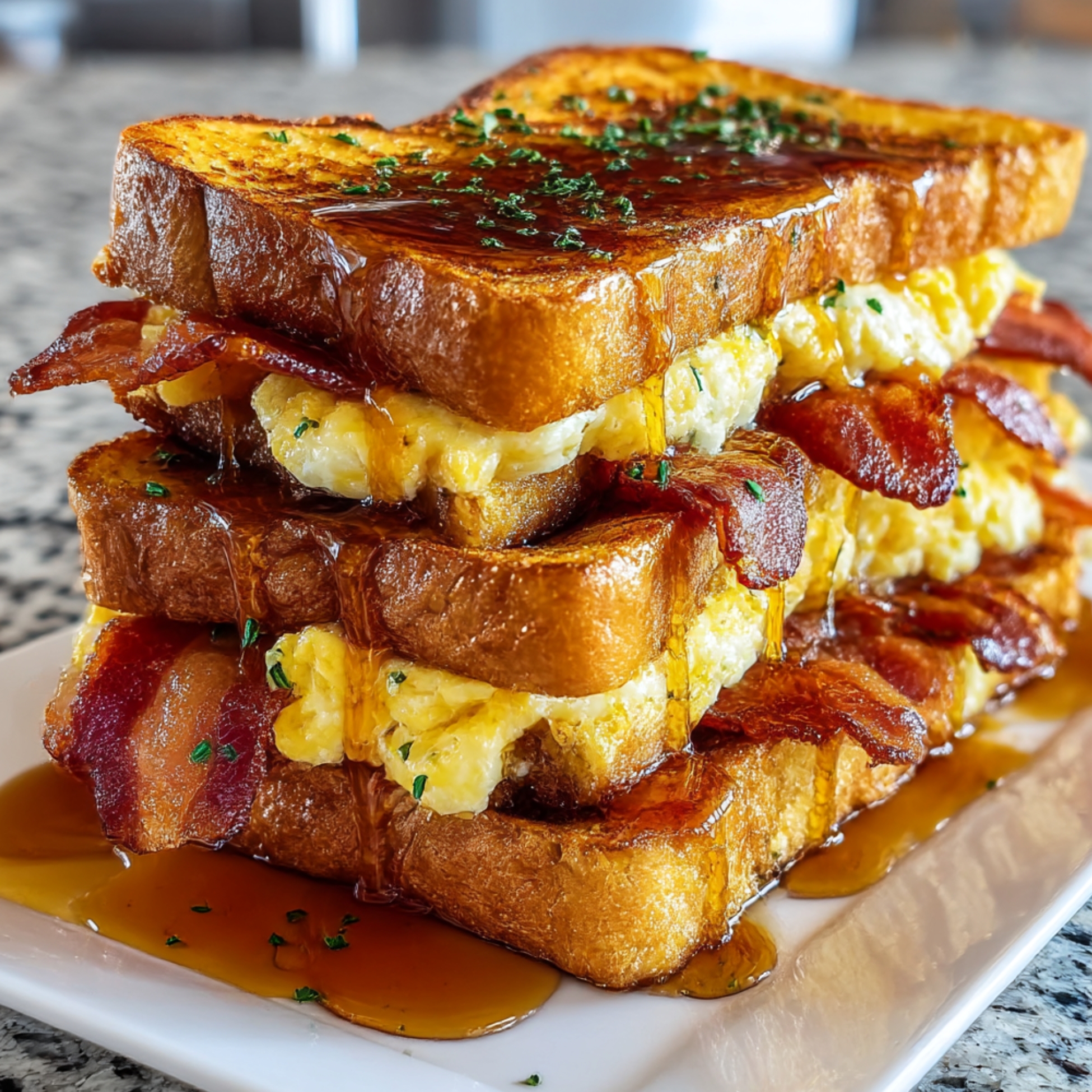 Triple-stacked bourbon maple bacon stuffed French toast on white plate with thick-cut golden-brown brioche bread, fluffy scrambled eggs, crispy bacon strips, bourbon maple syrup pooling on plate and dripping down sides, garnished with fresh chopped parsley, granite countertop background