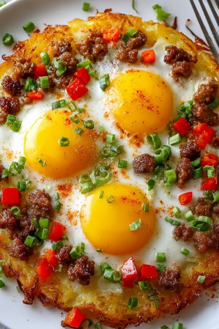 An overhead view of a breakfast pizza on a white plate, featuring a crispy shredded hash brown crust topped with three sunny-side-up eggs, crumbled sausage, diced red bell peppers, sliced green onions, and a sprinkle of paprika, with a fork resting on the side.
