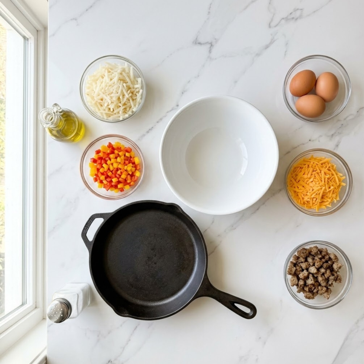 Overhead view of ingredients for Breakfast Pizza Hash Brown Crust on a modern white marble kitchen counter, featuring bowls of hash browns, eggs, cheese, sausage, and peppers organized neatly without hands.