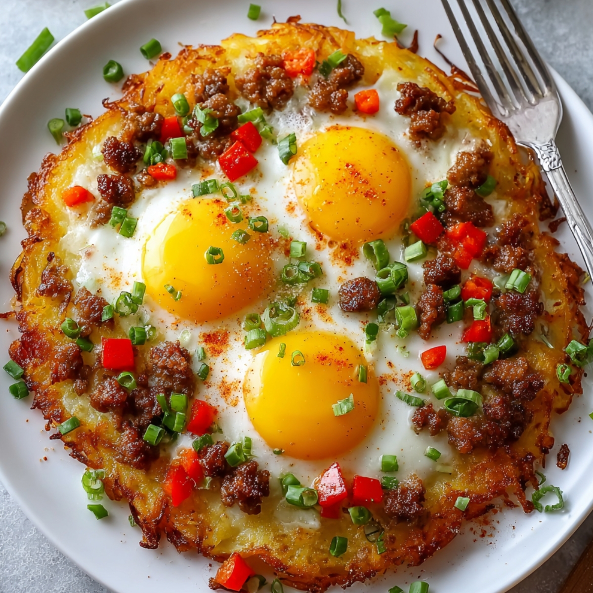 An overhead view of a breakfast pizza on a white plate, featuring a crispy shredded hash brown crust topped with three sunny-side-up eggs, crumbled sausage, diced red bell peppers, sliced green onions, and a sprinkle of paprika, with a fork resting on the side.