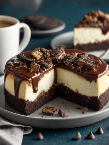 Brownie bottom cheesecake with slice removed on white plate, showing dark chocolate brownie base layer and thick vanilla cheesecake layer, topped with dripping chocolate ganache and crushed Oreo cookies, with coffee cup and additional slice in background, chocolate chips scattered on teal surface