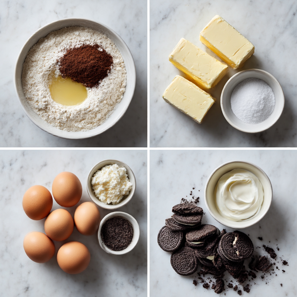 Ingredients for Brownie Bottom Cheesecake arranged in a 4-panel flat lay on a white marble kitchen counter.
