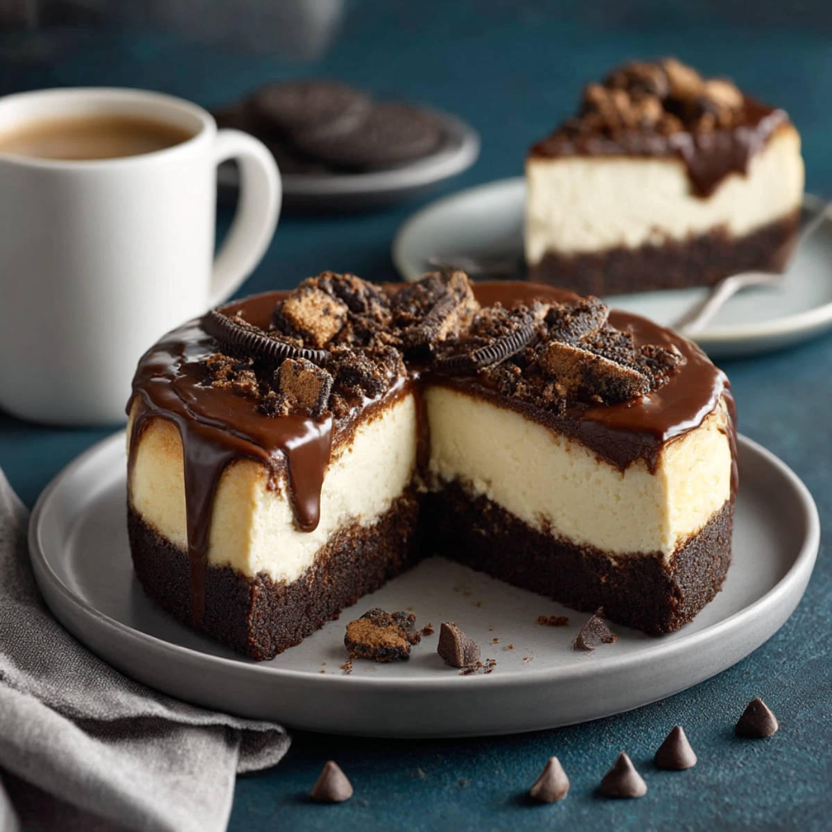 Brownie bottom cheesecake with slice removed on white plate, showing dark chocolate brownie base layer and thick vanilla cheesecake layer, topped with dripping chocolate ganache and crushed Oreo cookies, with coffee cup and additional slice in background, chocolate chips scattered on teal surface