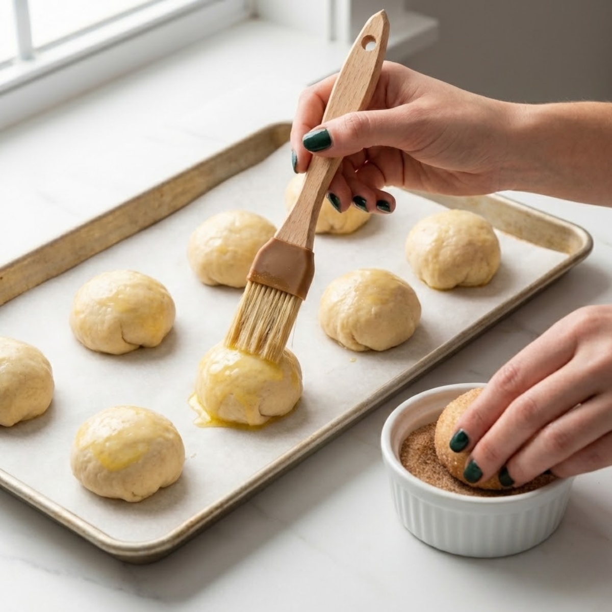 Close-up of hands with dark green nails brushing butter on and coating dough balls in cinnamon sugar.