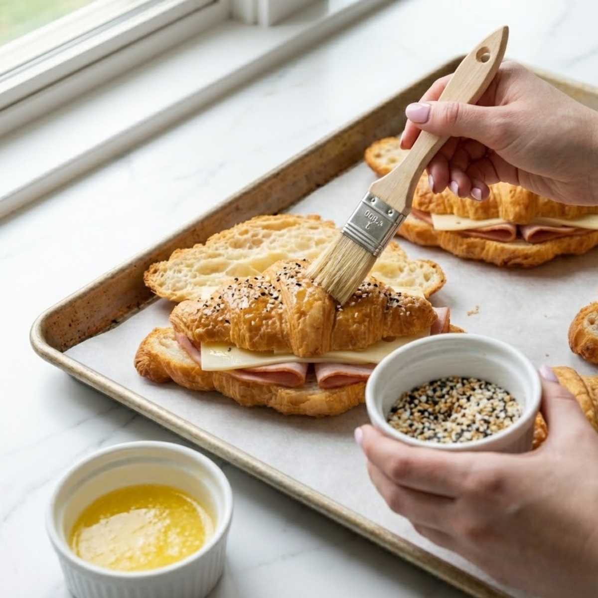 Close-up of a hand brushing melted butter and sprinkling everything bagel seasoning on a croissant sandwich.