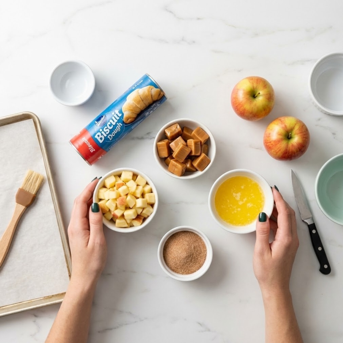 Overhead view of Caramel Apple Pie Bombs ingredients on a marble counter, including apples, caramel, biscuit dough, and cinnamon sugar.