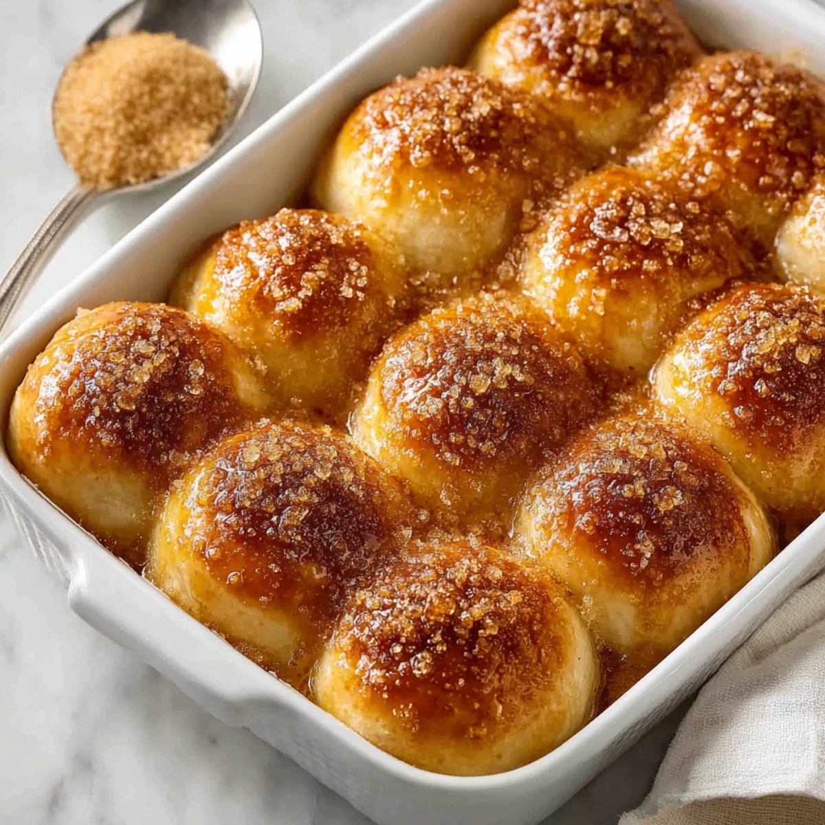 A white rectangular baking dish filled with golden-brown caramel apple pie bombs topped with coarse brown sugar crust, sitting on a marble surface with a spoon of brown sugar and a linen napkin alongside.