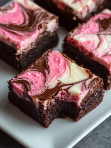 Cheesecake Brownies arranged on a white rectangular plate, showing dense chocolate brownie squares topped with beautifully swirled pink, white, and chocolate cheesecake in an artistic marbled pattern