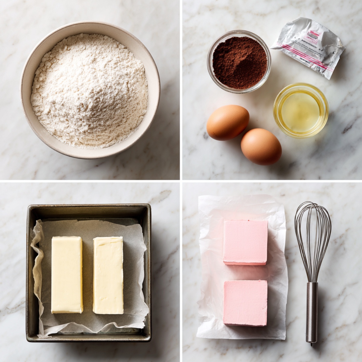 Ingredients for Cheesecake Brownies arranged in a 4-panel flat lay on a white marble kitchen counter.