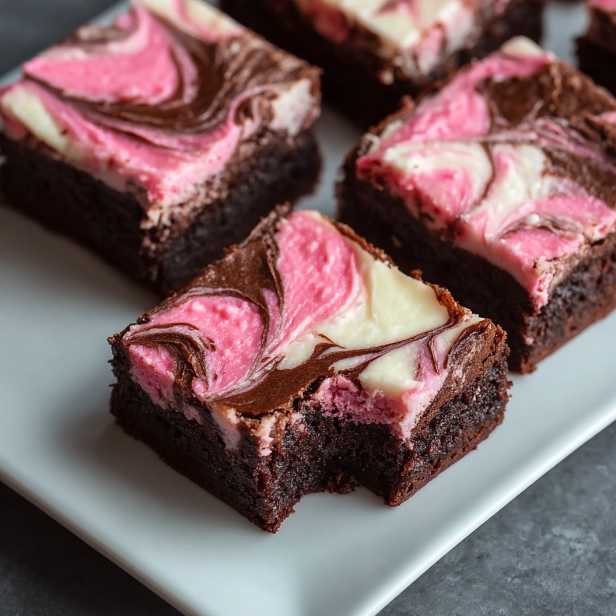 Cheesecake Brownies arranged on a white rectangular plate, showing dense chocolate brownie squares topped with beautifully swirled pink, white, and chocolate cheesecake in an artistic marbled pattern