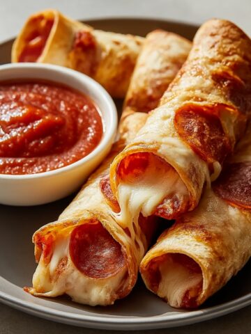 Crispy baked pizza rolls filled with pepperoni and melted mozzarella cheese on a gray plate, served with marinara dipping sauce in a white bowl