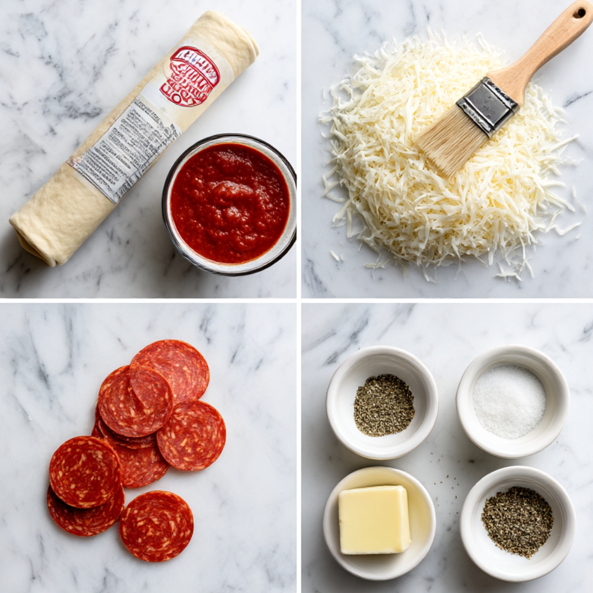 Ingredients for Cheesy Pepperoni Pizza Roll arranged in a 4-panel flat lay on a white marble kitchen counter.
