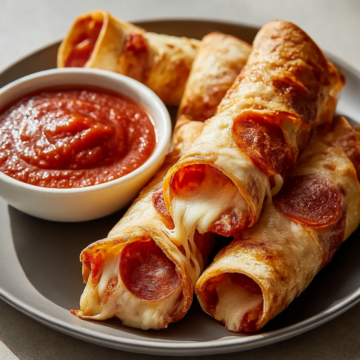 Crispy baked pizza rolls filled with pepperoni and melted mozzarella cheese on a gray plate, served with marinara dipping sauce in a white bowl