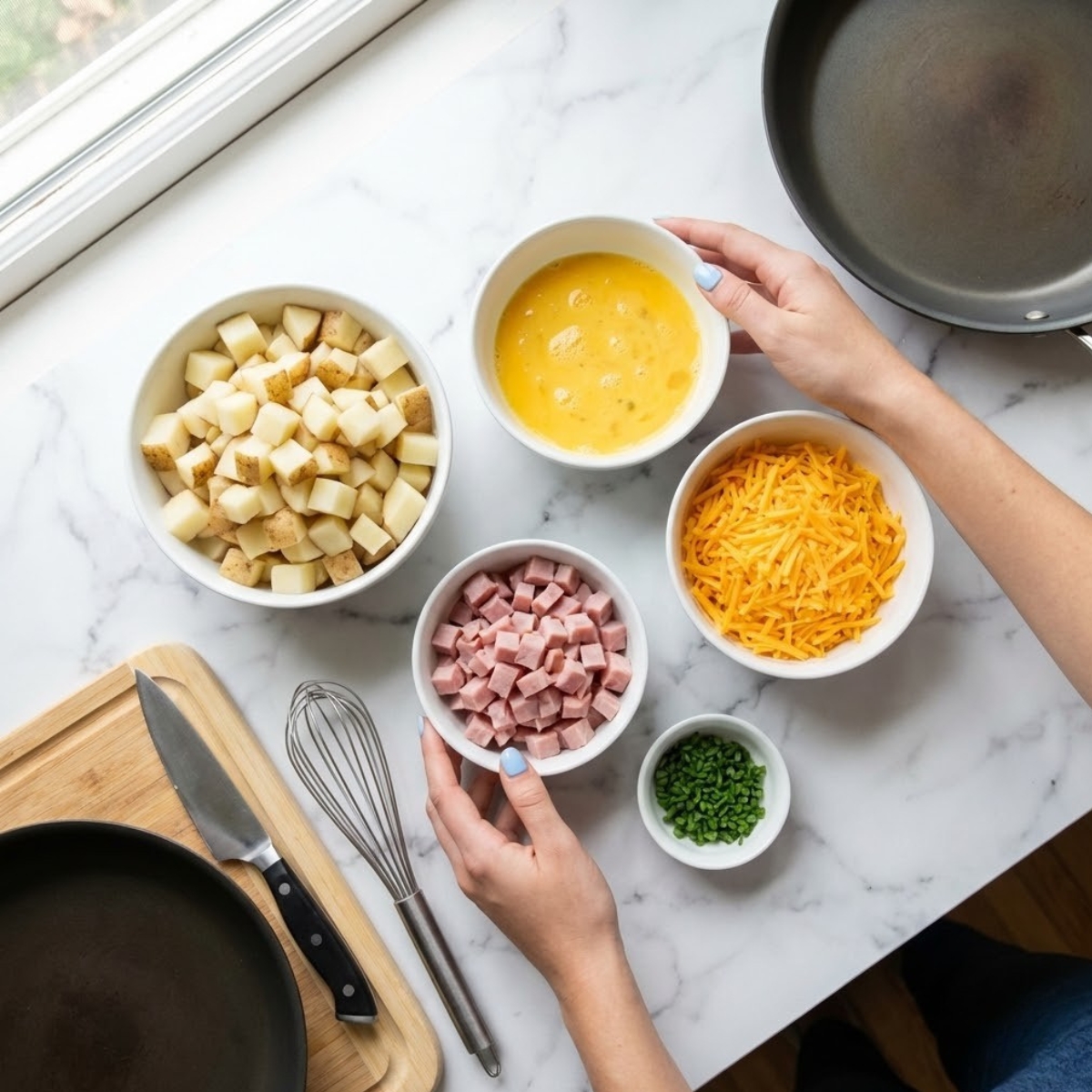 Overhead view of cheesy potato egg scramble ingredients including potatoes, eggs, cheese, ham, and chives, with a woman's hands on a marble counter.