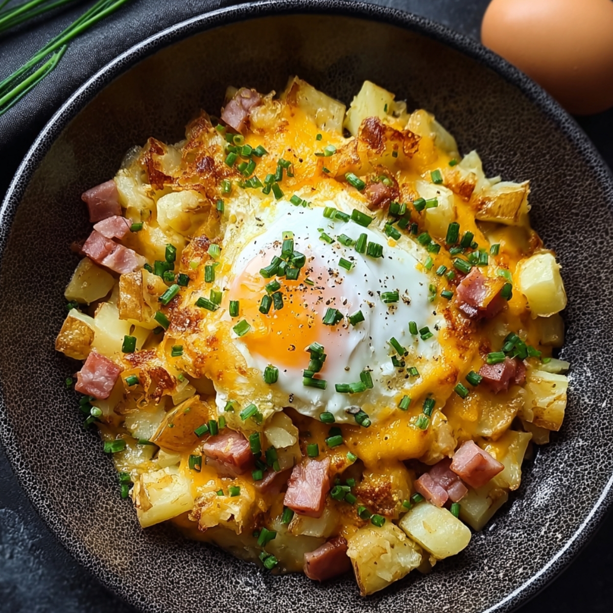Cheesy potato and egg scramble in a dark skillet with crispy golden potatoes, diced ham, melted cheddar cheese, and a sunny-side-up egg on top, garnished with fresh chopped chives and black pepper