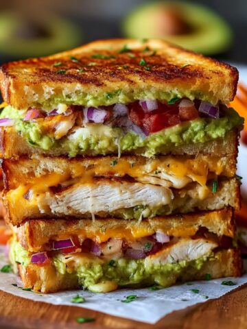 Towering stack of chicken avocado melt sandwiches with crispy golden-brown bread, layers of grilled chicken breast, melted cheddar cheese, creamy mashed avocado, bacon bits, and diced red onion, served with sweet potato fries
