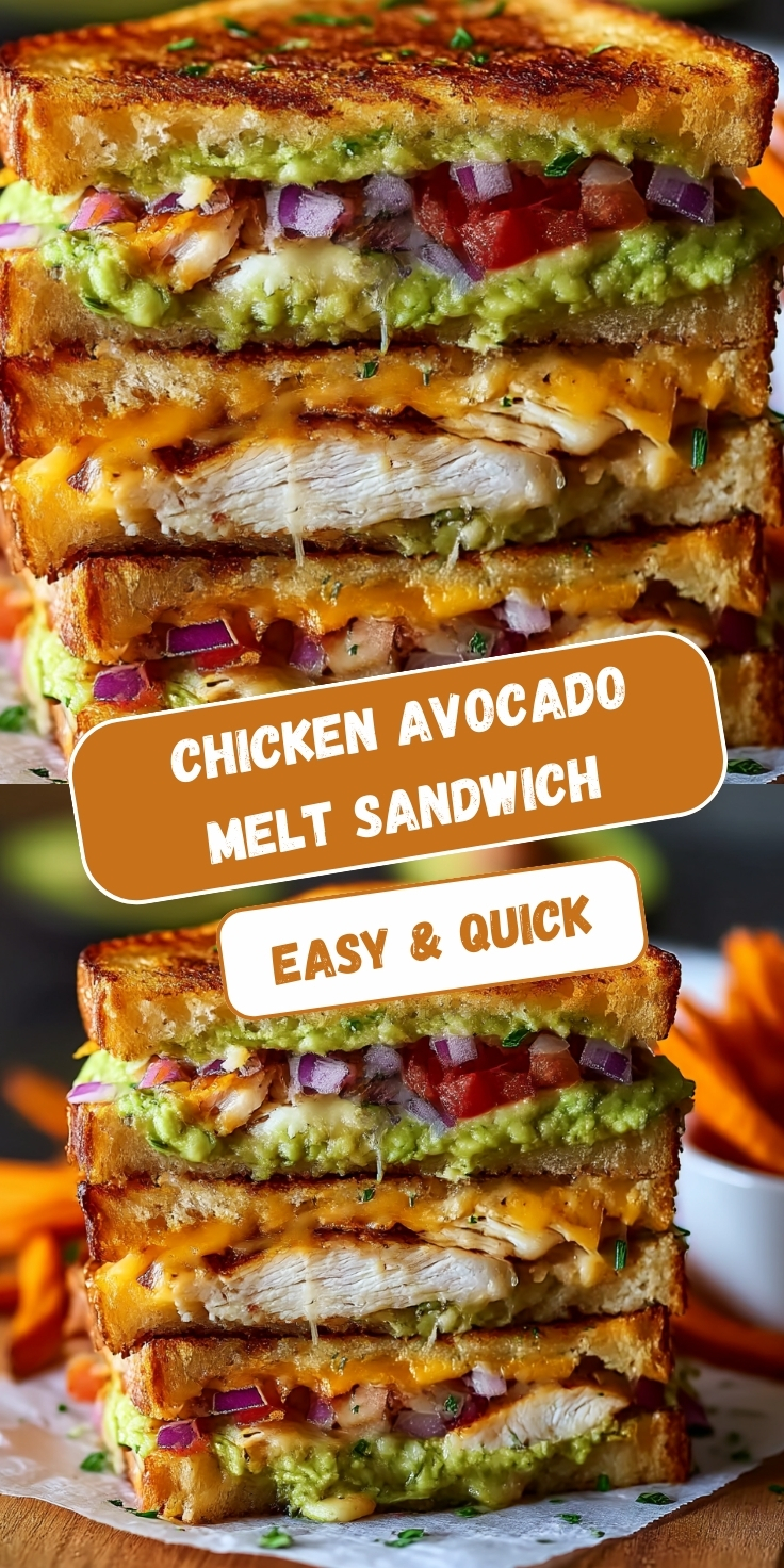 Stacked chicken avocado melt sandwiches on golden toasted bread, layered with grilled chicken, melted cheddar cheese, mashed avocado, bacon, and diced red onion, garnished with fresh parsley