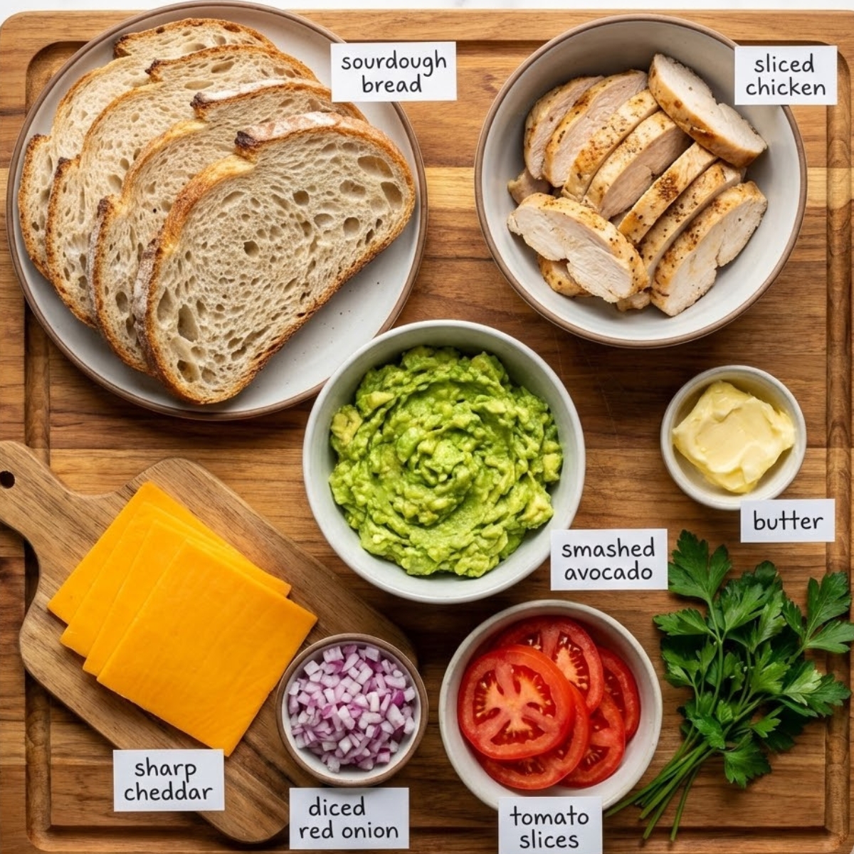 A square overhead shot of the Chicken Avocado Melt ingredients: sourdough bread, sliced chicken breast, smashed avocado, sharp cheddar, diced red onion, tomatoes, and butter.