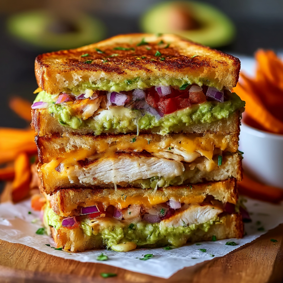 Towering stack of chicken avocado melt sandwiches with crispy golden-brown bread, layers of grilled chicken breast, melted cheddar cheese, creamy mashed avocado, bacon bits, and diced red onion, served with sweet potato fries