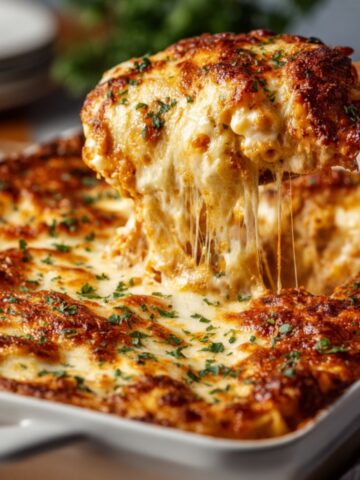 Close-up of chicken Parmesan casserole being lifted from a white baking dish with a wooden spatula, showing dramatic stretchy melted mozzarella cheese pull, golden-brown crispy top with fresh parsley garnish, revealing layers of breaded chicken and pasta