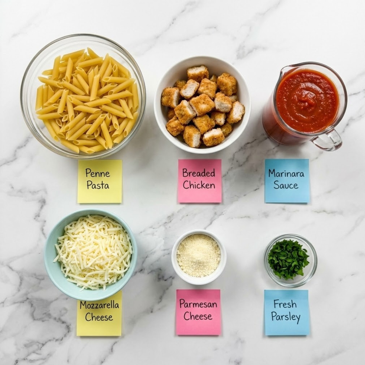 Overhead view of casserole ingredients including penne, breaded chicken, marinara, and cheeses organized in bowls with sticky note labels on a marble counter.