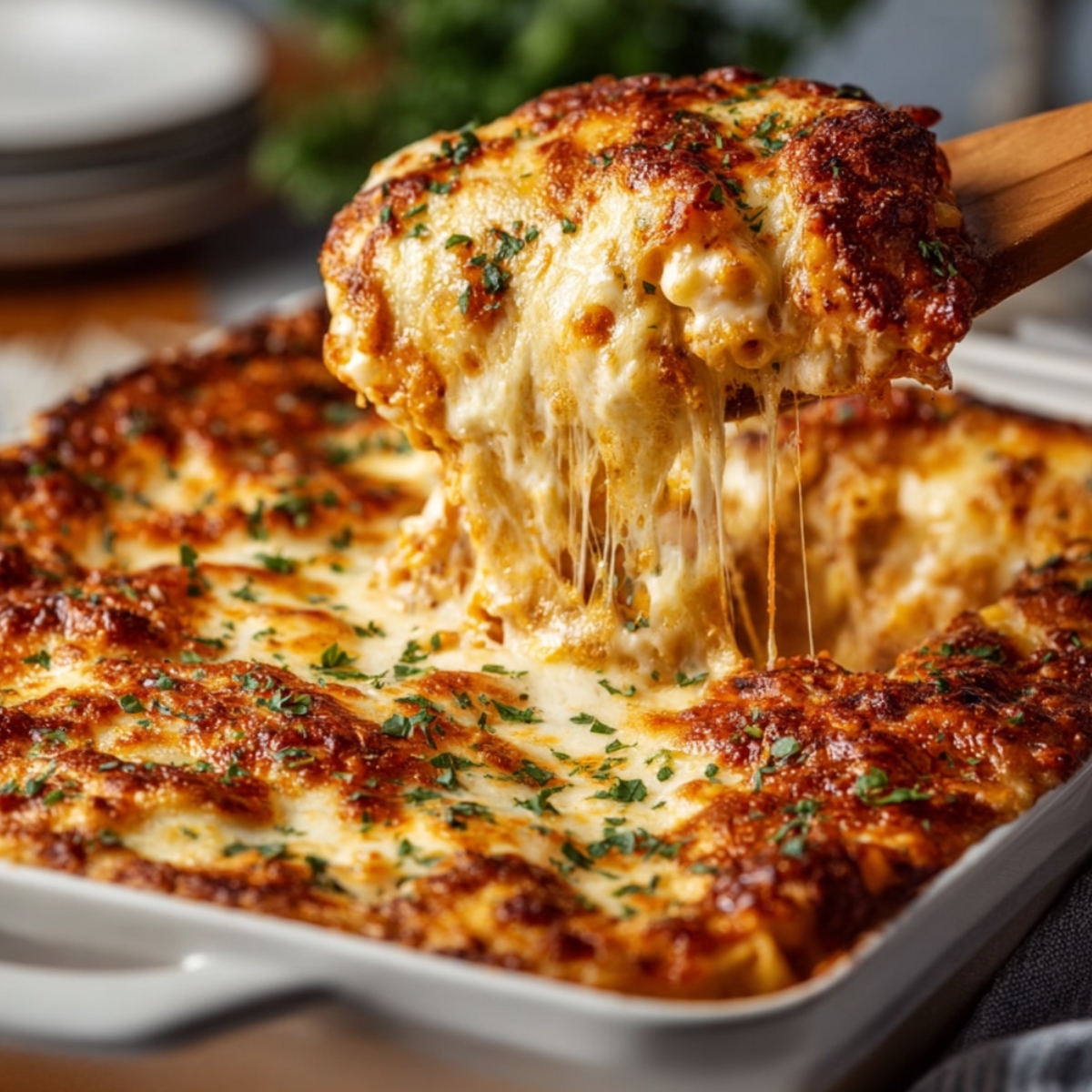 Close-up of chicken Parmesan casserole being lifted from a white baking dish with a wooden spatula, showing dramatic stretchy melted mozzarella cheese pull, golden-brown crispy top with fresh parsley garnish, revealing layers of breaded chicken and pasta