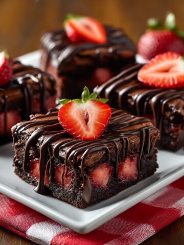 Chocolate brownies with fresh strawberry slices and dark chocolate drizzle arranged on white square plate atop red and white checkered napkin, with whole strawberries in soft-focus background
