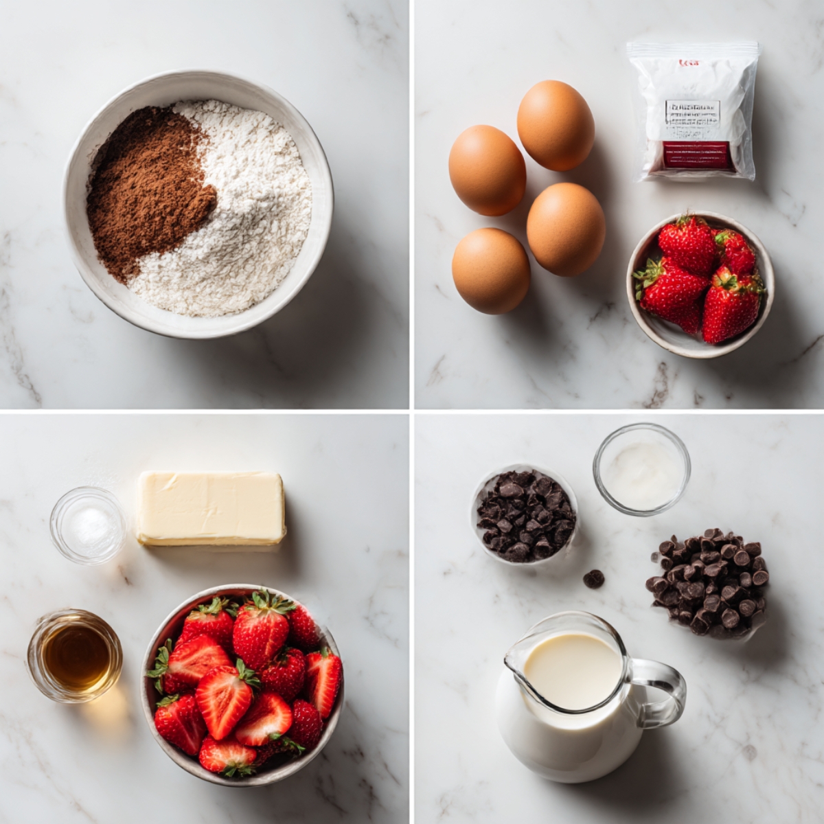 Ingredients for Chocolate Covered Strawberry Brownies arranged in a 4-panel flat lay on a white marble kitchen counter.
