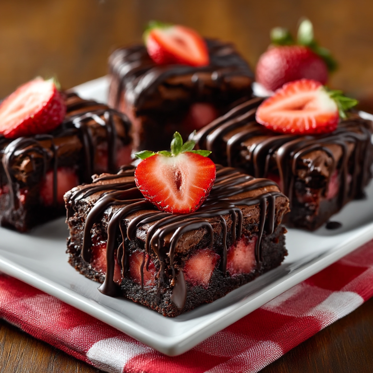 Chocolate brownies with fresh strawberry slices and dark chocolate drizzle arranged on white square plate atop red and white checkered napkin, with whole strawberries in soft-focus background