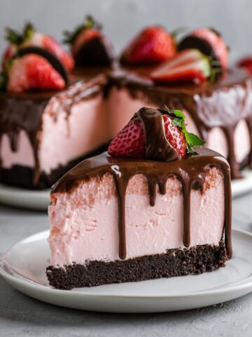 The slice is topped with a rich chocolate ganache that drips down the sides and a fresh strawberry. In the background, the rest of the cheesecake is visible, decorated with several whole and halved chocolate-dipped strawberries on a light grey surface.