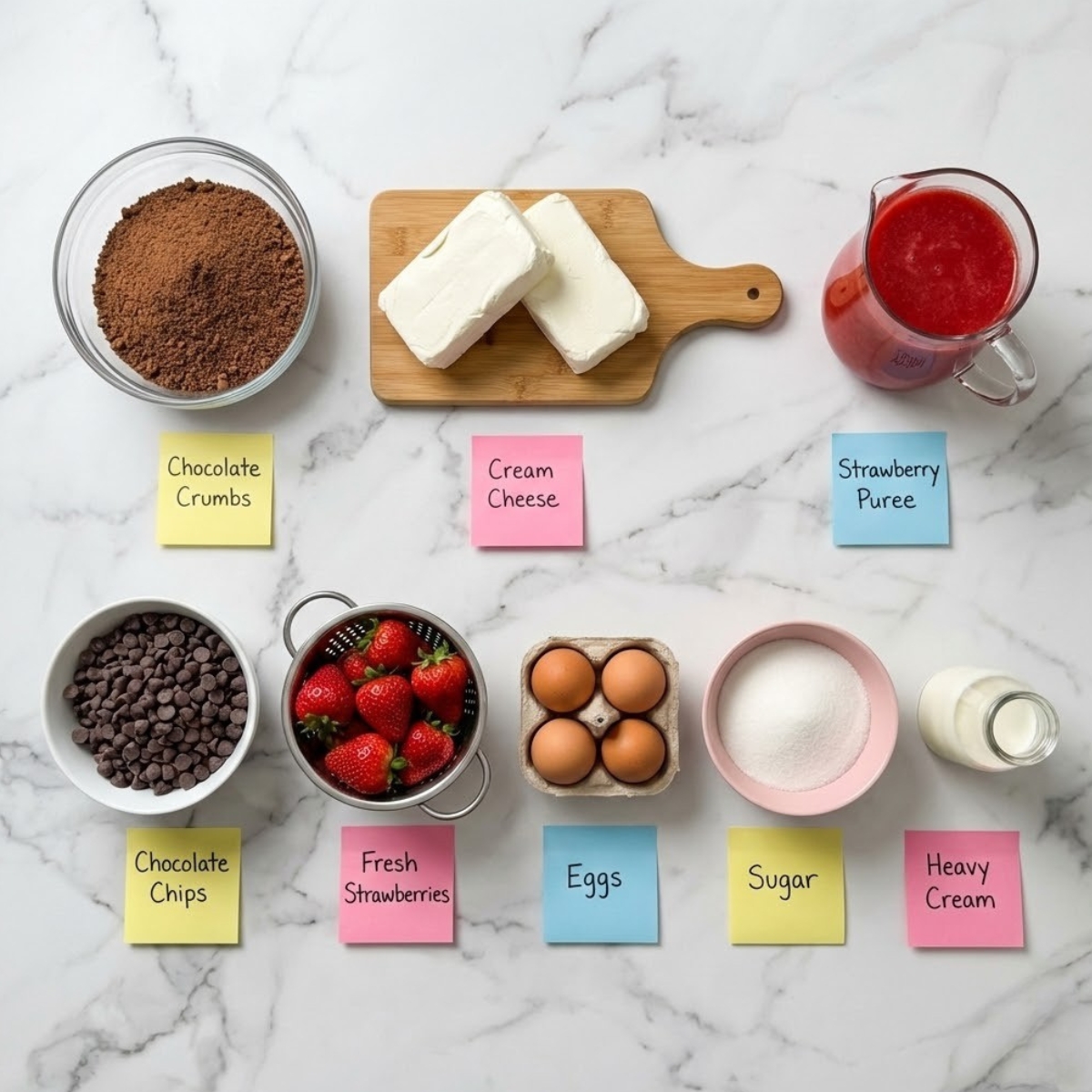 Overhead view of cheesecake ingredients including chocolate crumbs, cream cheese, strawberries, and chocolate chips organized in bowls with sticky note labels on a marble counter.