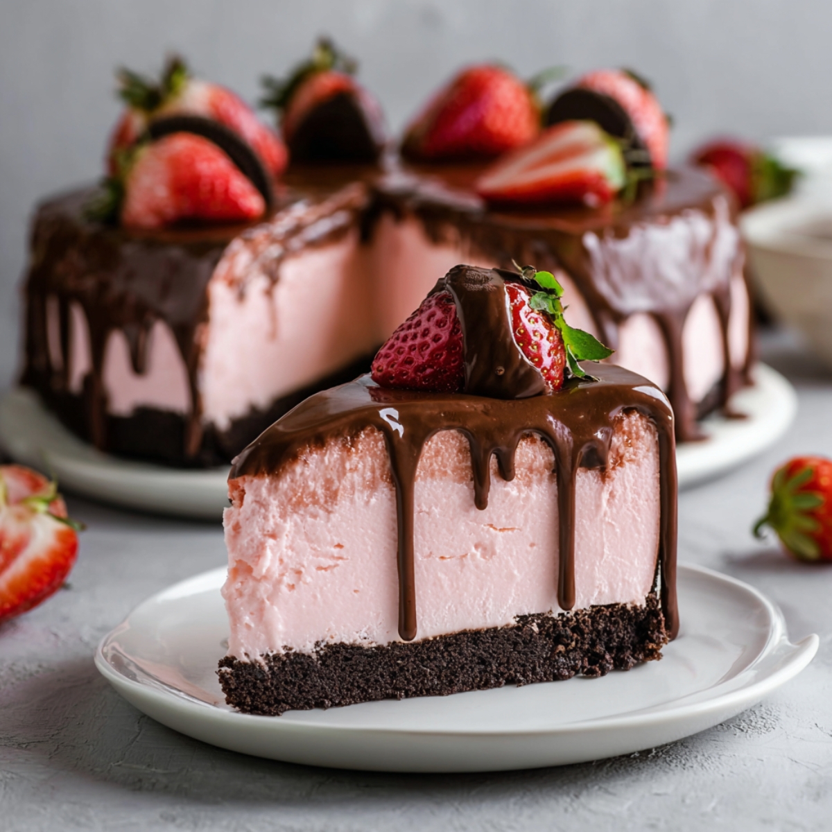 The slice is topped with a rich chocolate ganache that drips down the sides and a fresh strawberry. In the background, the rest of the cheesecake is visible, decorated with several whole and halved chocolate-dipped strawberries on a light grey surface.