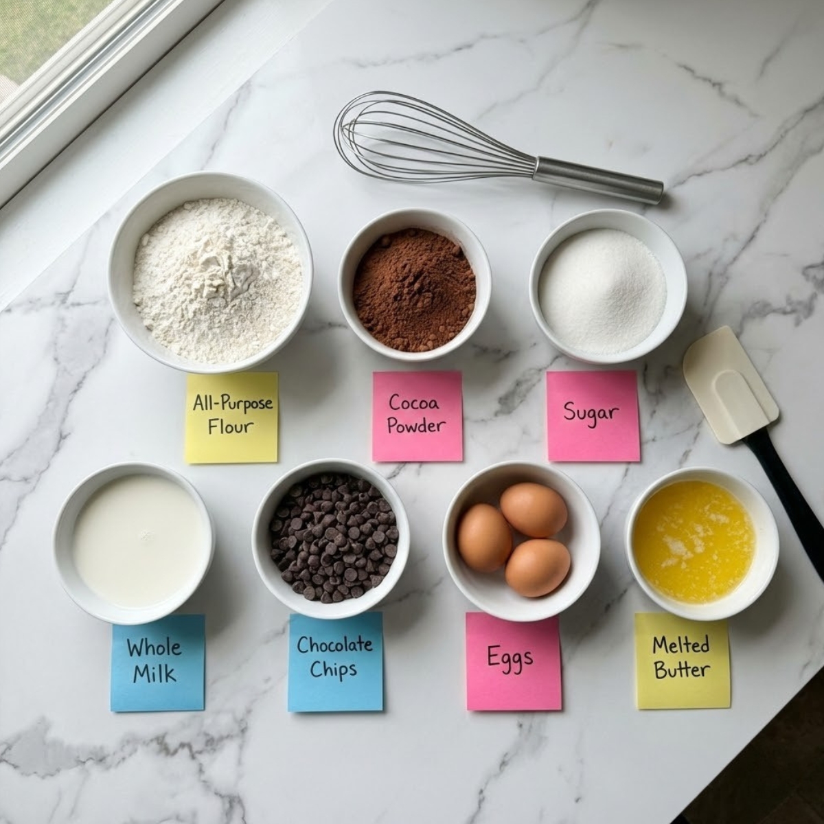 Overhead view of chocolate pancake ingredients, including flour, cocoa, and chocolate chips, in bowls on a marble counter.