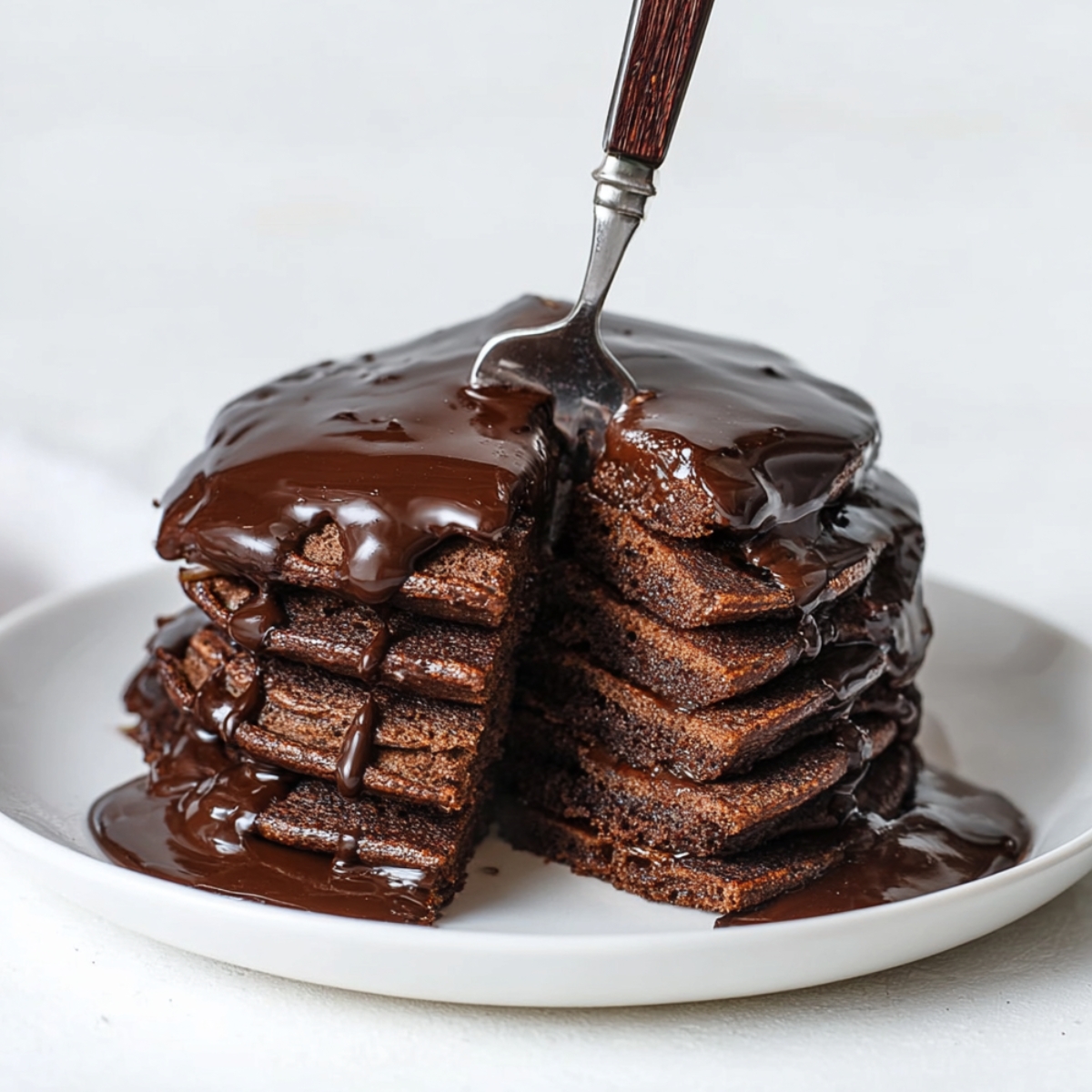 Tall stack of double chocolate pancakes on a white plate with a fork cutting into the top, rich dark chocolate ganache sauce being poured over and dripping down the sides, pooling on the plate