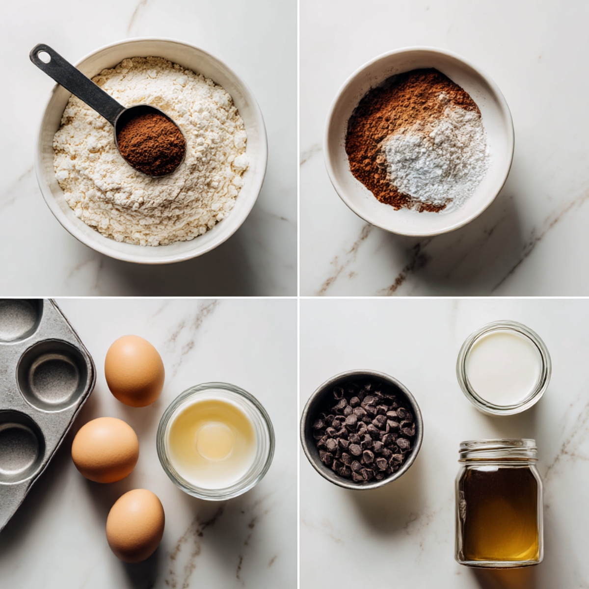 Ingredients for Chocolate Protein Donuts arranged in a 4-panel flat lay on a white marble kitchen counter.