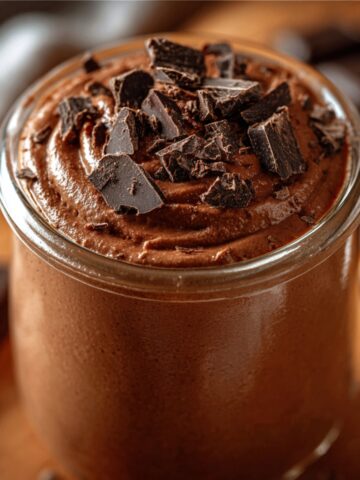 Rich chocolate protein pudding in a clear glass jar with silky smooth texture, decorative piped swirl on top, generously topped with dark chocolate shavings and curls