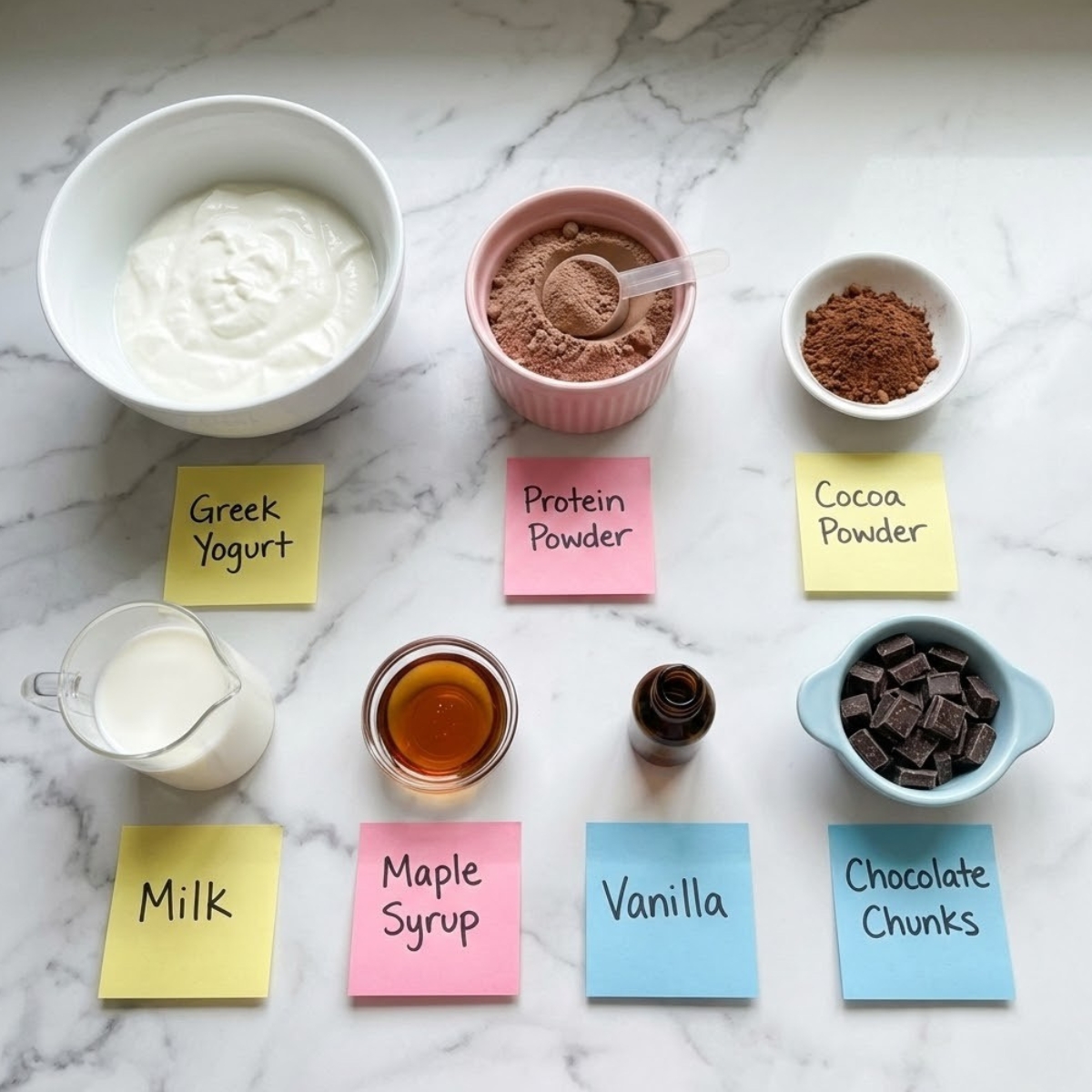 Overhead view of ingredients for chocolate protein pudding including yogurt, cocoa powder, and chocolate chunks organized on a marble counter.