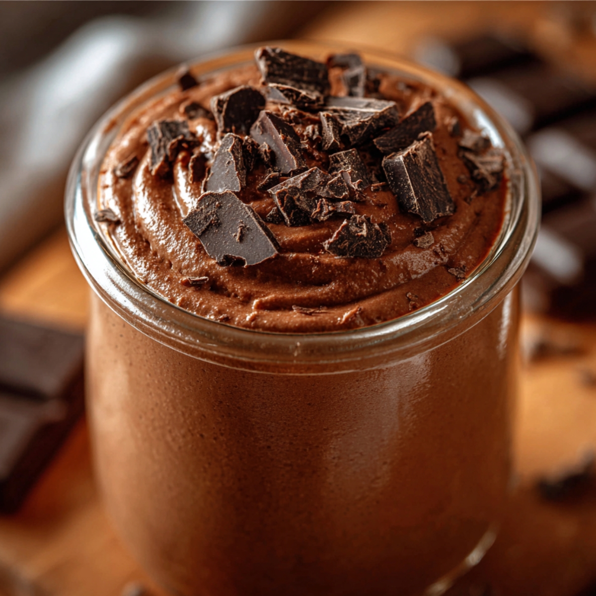 Rich chocolate protein pudding in a clear glass jar with silky smooth texture, decorative piped swirl on top, generously topped with dark chocolate shavings and curls