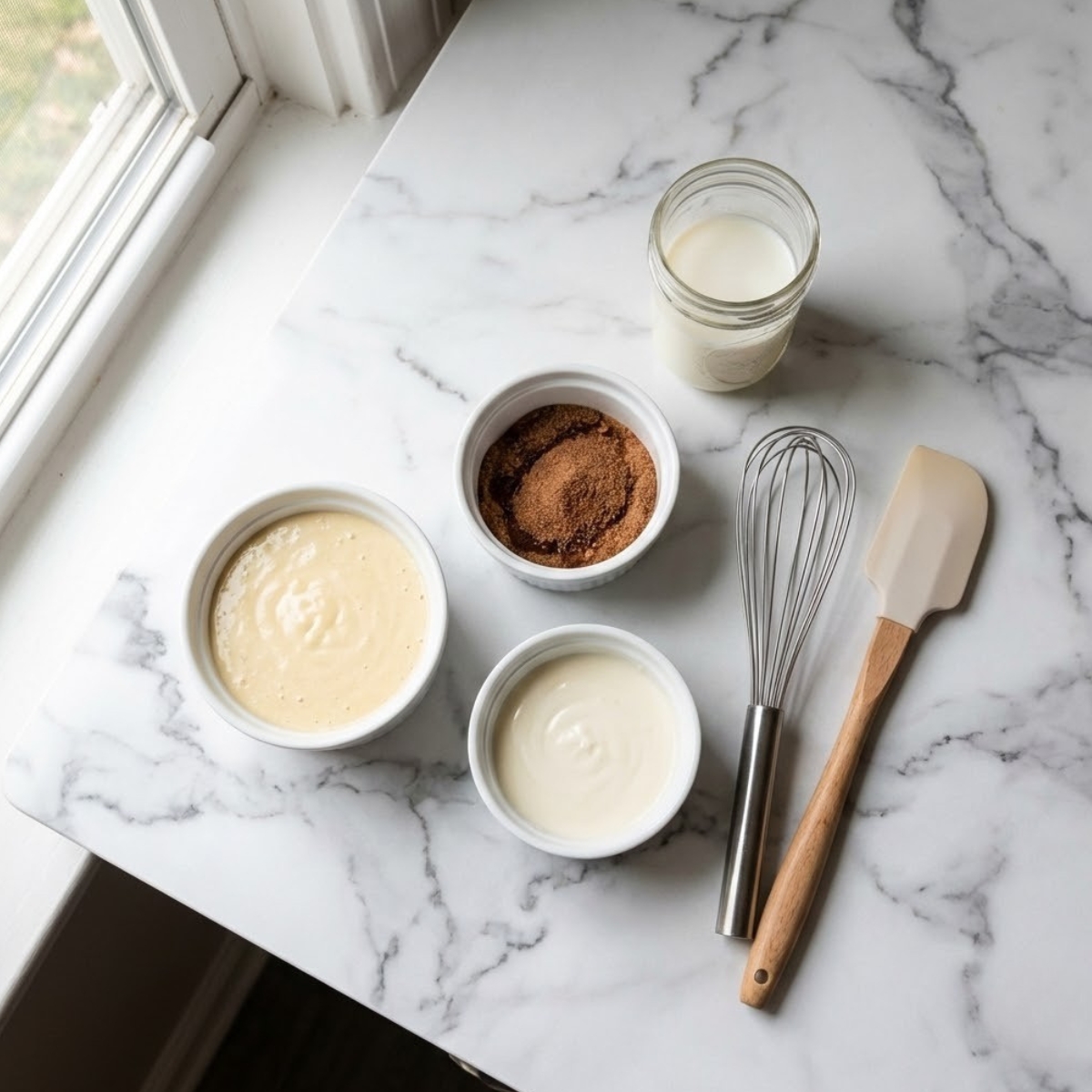 Overhead view of cinnamon roll pancake ingredients including pancake mix, milk, cinnamon swirl mix, and glaze, with a woman's hands on a marble counter.