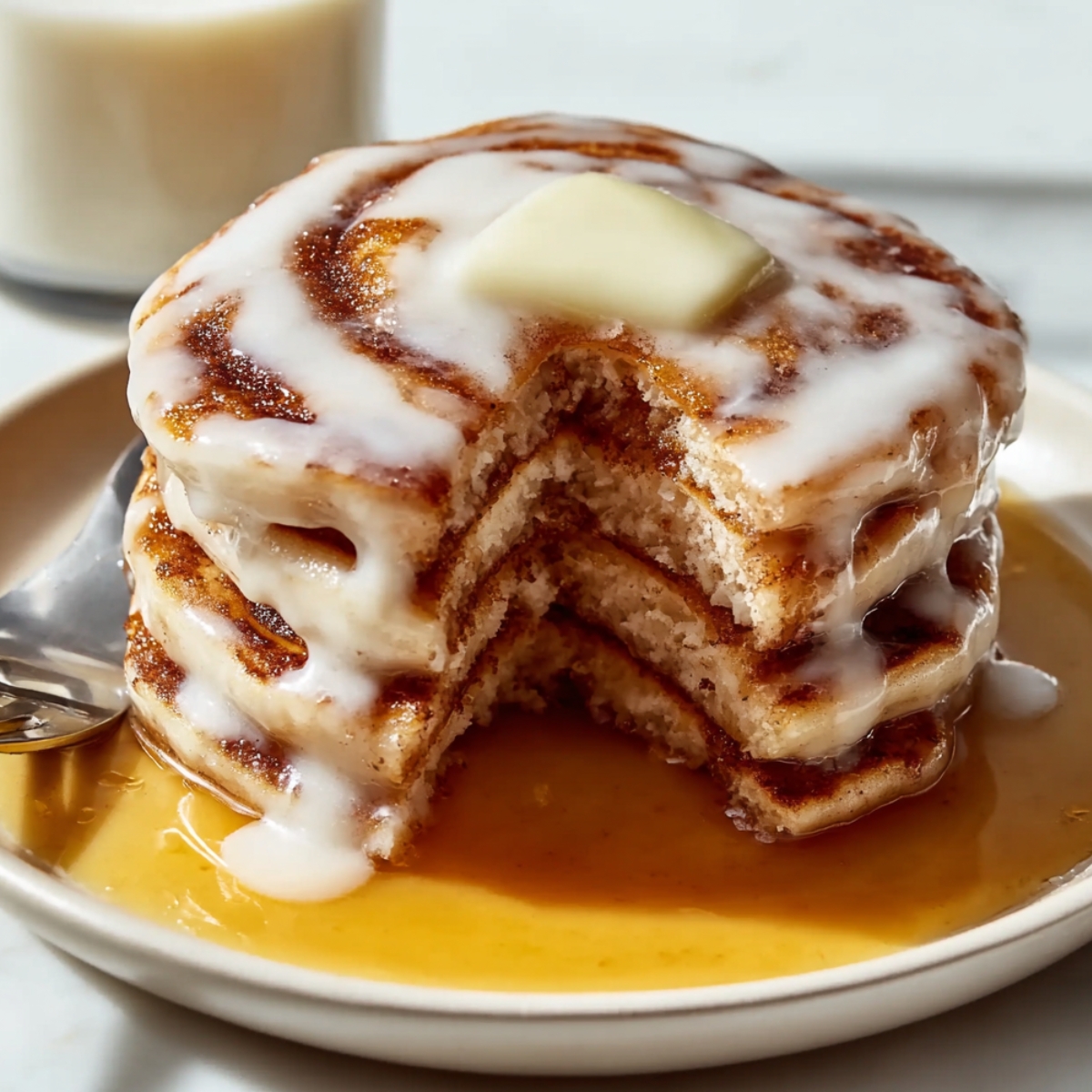 Stack of cinnamon roll pancakes with a wedge cut out on white plate, showing cinnamon swirl pattern throughout fluffy buttermilk pancakes, topped with melting butter pat and drizzled with cream cheese glaze, sitting in pool of maple syrup, with coffee cup blurred in background