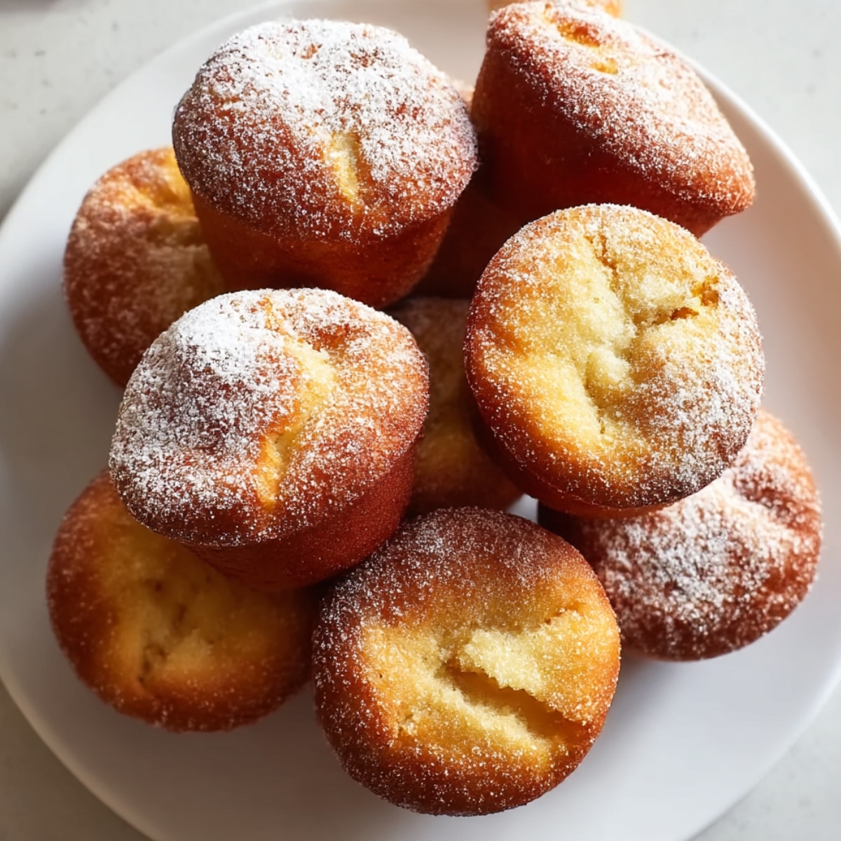 Pile of cinnamon sugar French toast muffins on a white plate, showing golden-brown domed tops coated with cinnamon sugar, some dusted with powdered sugar, with soft fluffy interior visible on cut muffin