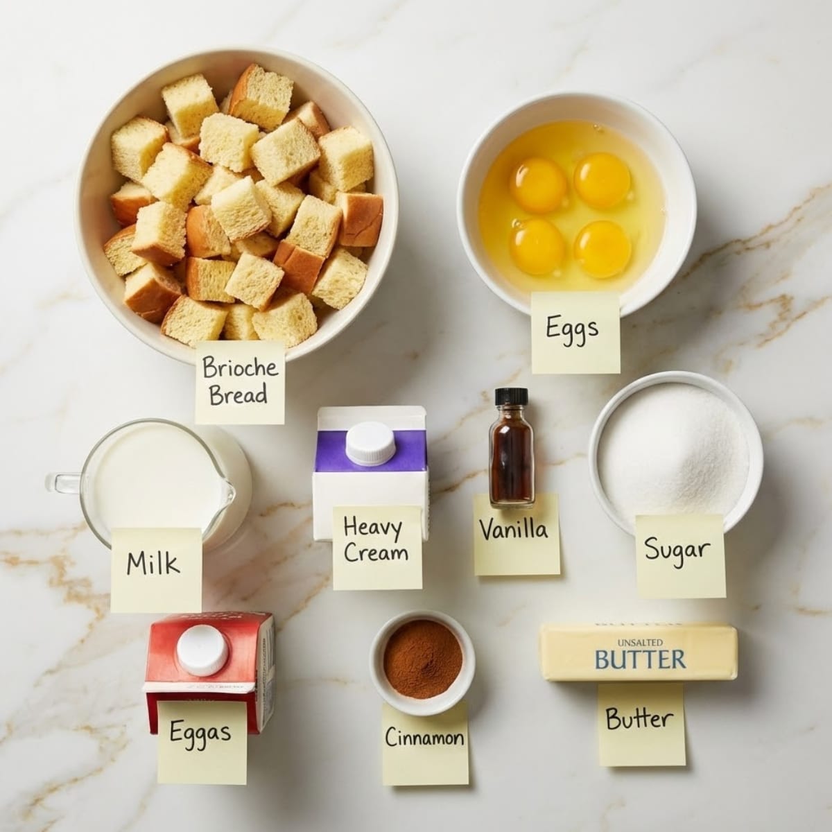 Overhead view of brioche bread cubes eggs milk and cinnamon arranged on a marble counter. Ingredients for french toast muffins are labeled with sticky notes.