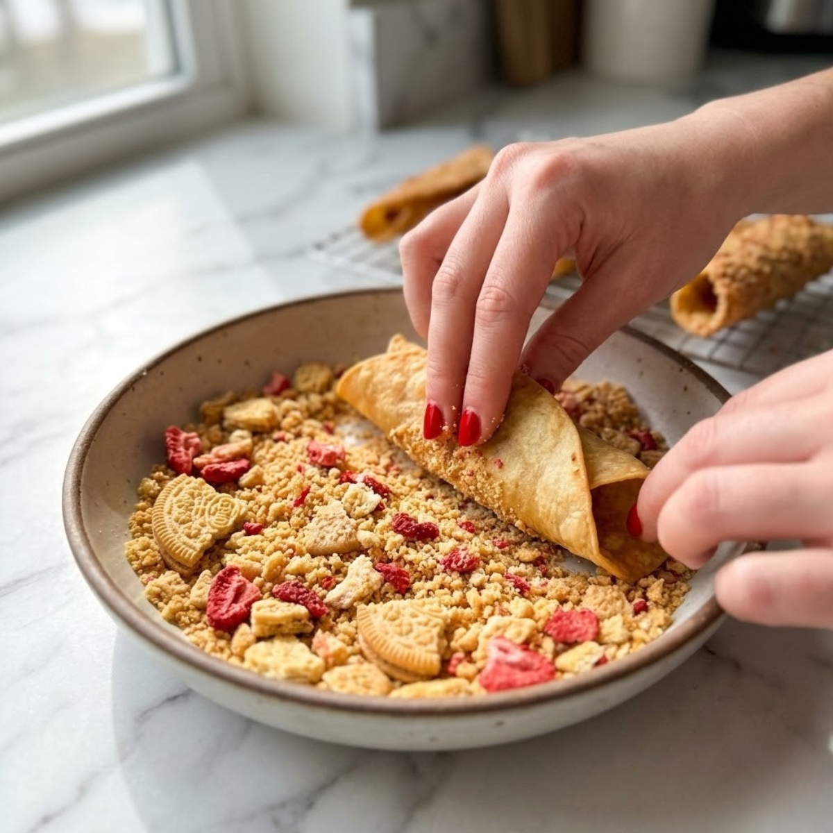 Close-up of hands with red nails rolling a warm tortilla taco shell in a bowl of crushed cookies and strawberries on a white marble counter.