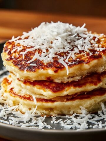 A stack of three thick, deeply golden-brown coconut cream pancakes on a dark plate, generously topped and surrounded by shredded coconut flakes, on a warm wooden surface.