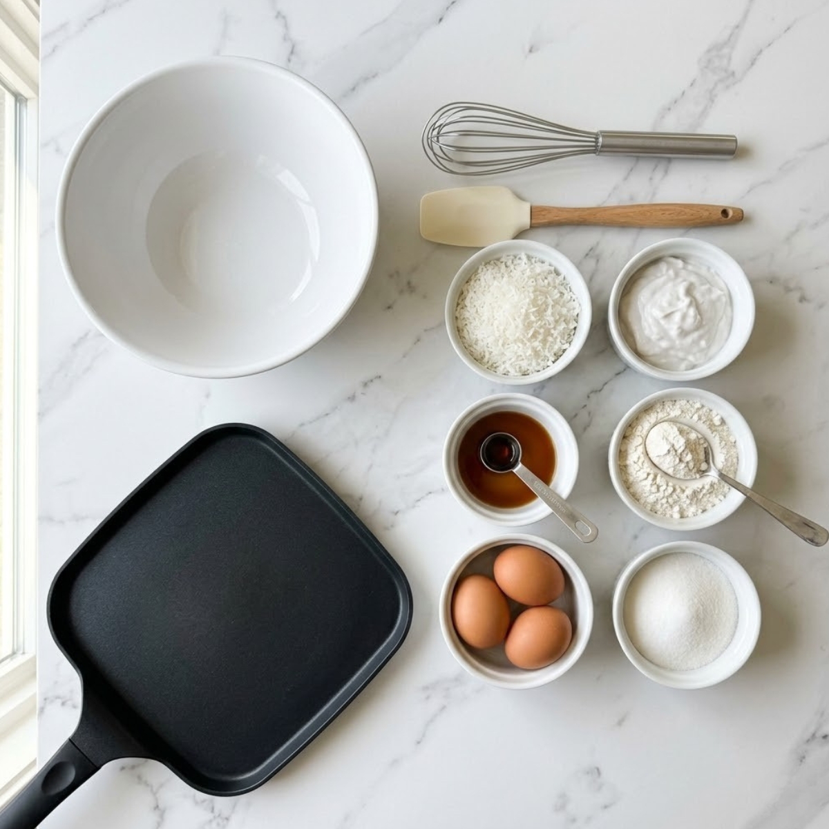 Overhead view of ingredients for Coconut Cream Pancakes organized on a white marble kitchen counter, featuring bowls of flour, coconut cream, eggs, vanilla, and shredded coconut.
