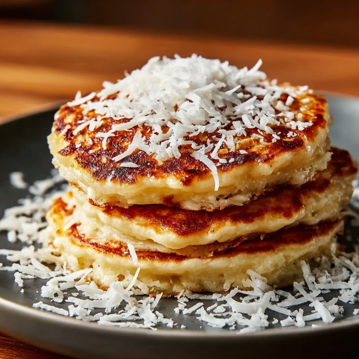 A stack of three thick, deeply golden-brown coconut cream pancakes on a dark plate, generously topped and surrounded by shredded coconut flakes, on a warm wooden surface.