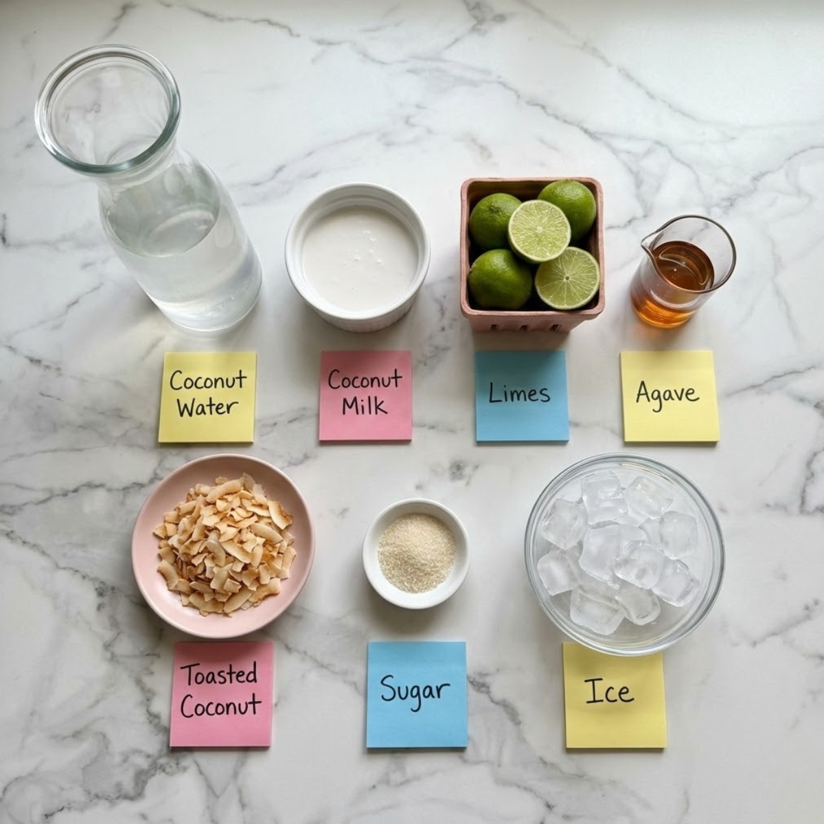 Overhead view of ingredients for coconut lime refresher including coconut milk, limes, and toasted coconut organized on a marble counter.